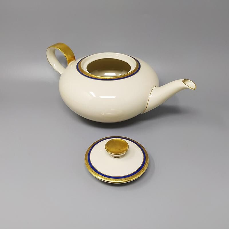 Servizio da tè vintage in porcellana bavarese bianca, blu e oro, Germania 1950
