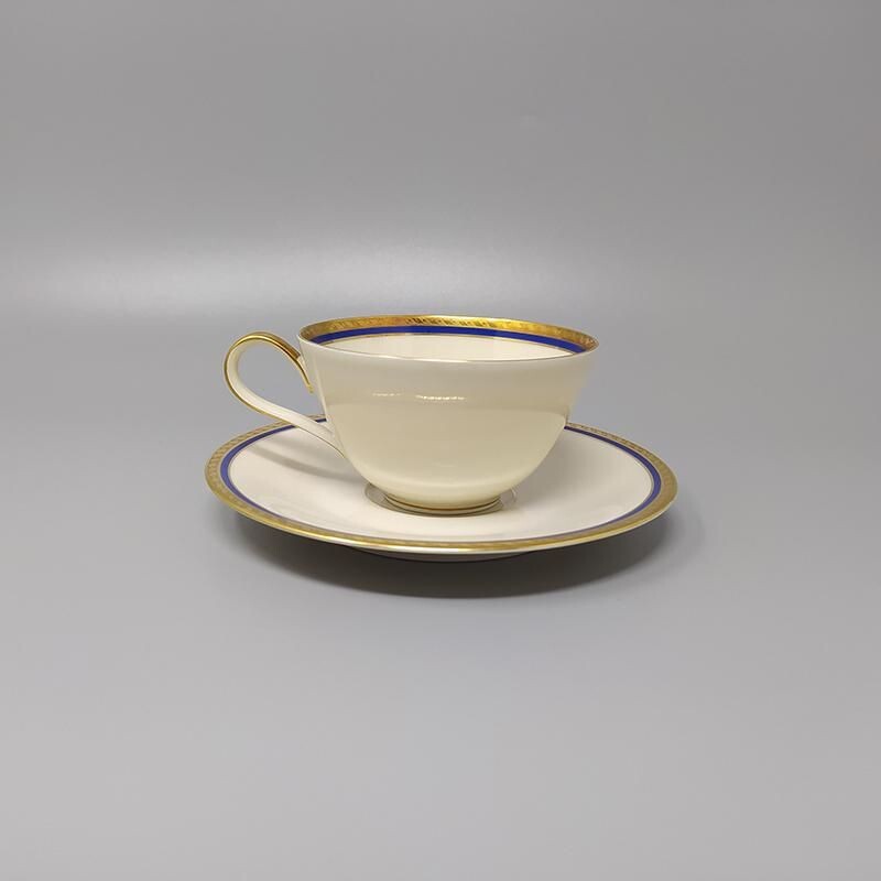 Juego de té vintage de porcelana bávara blanca, azul y dorada, Alemania 1950