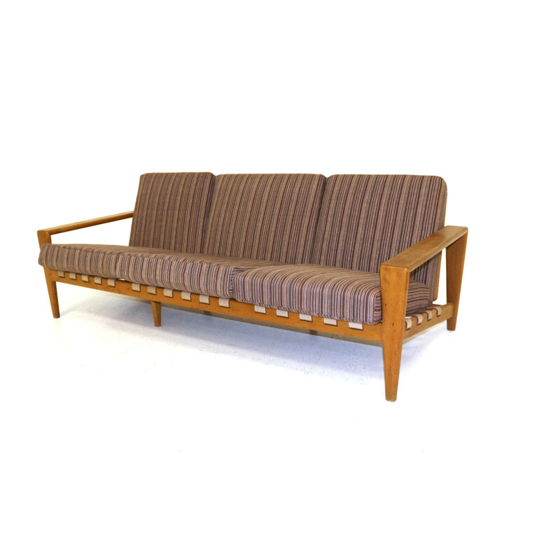 Vintage leather and oak sofa by Svante Skogh for Ab Hjertquist & Co, Sweden 1957