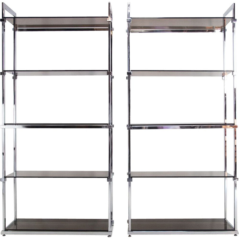 Pair of mid century glass and chrome shelving units by Tim Bates for Pieff, UK 1970s