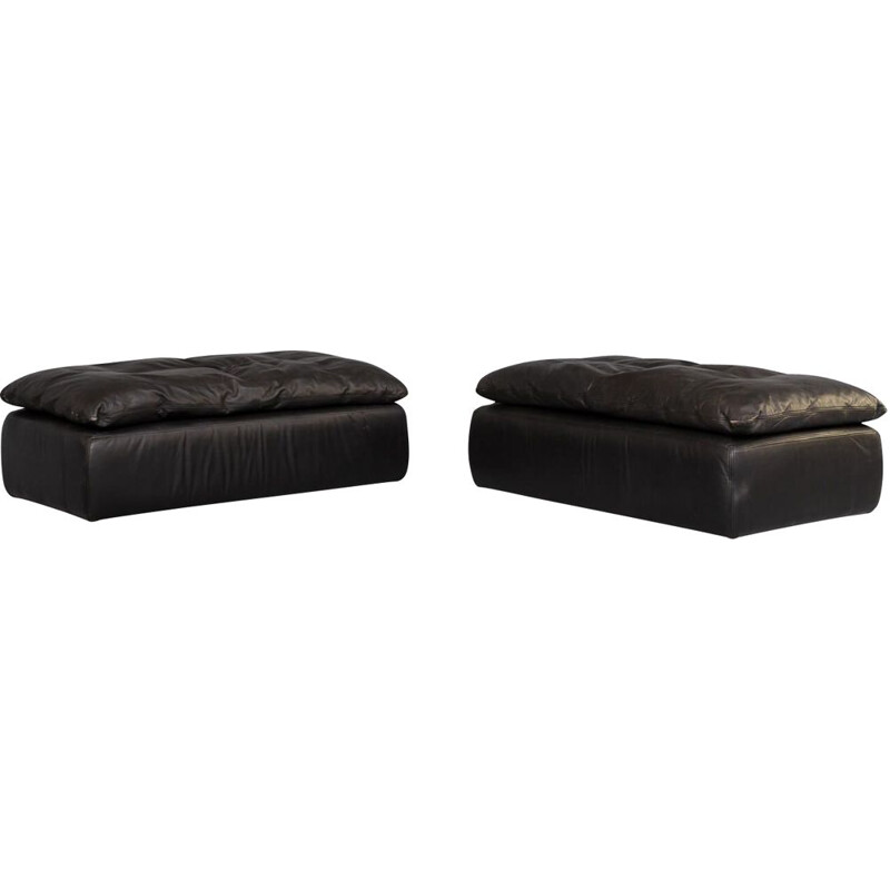 Pair of vintage black leather pouf sofa by Walter Knoll, 1980s