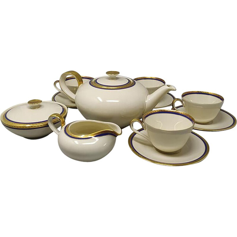 Vintage white, blue and gold Bavarian porcelain tea set, Germany 1950