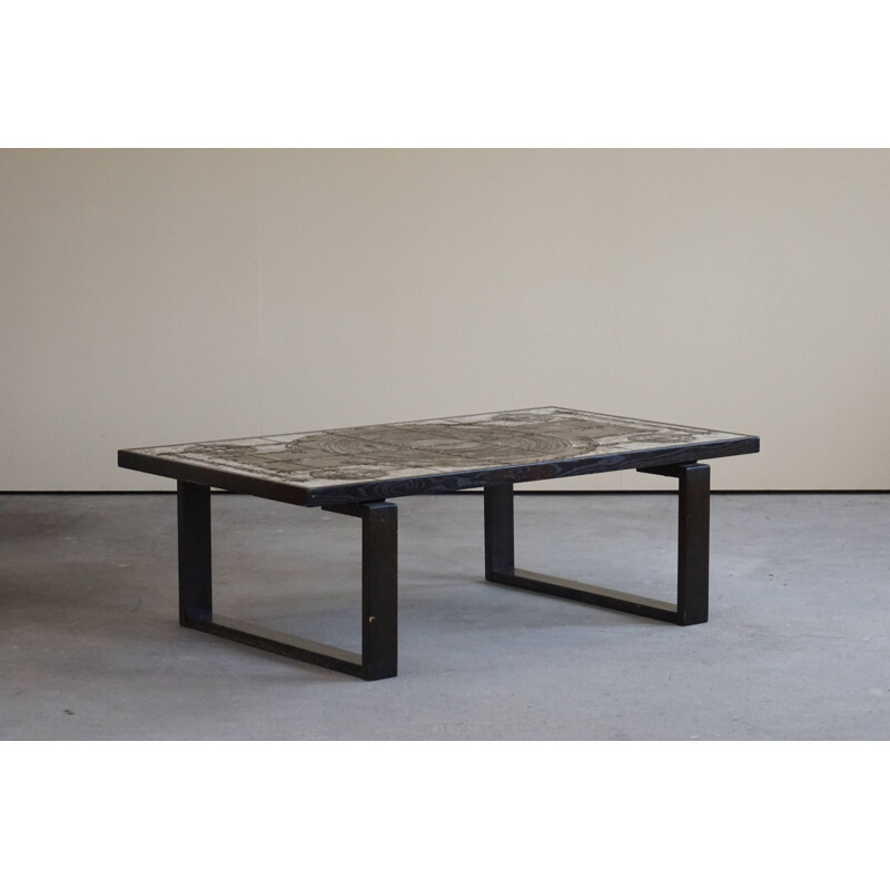 Vintage rectangular coffee table in oak and stoneware by Ox Art, Denmark 1970