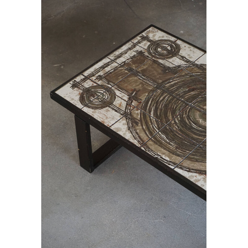 Vintage rectangular coffee table in oak and stoneware by Ox Art, Denmark 1970