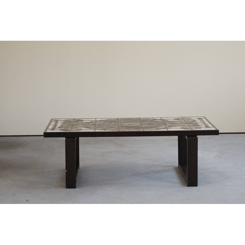 Vintage rectangular coffee table in oak and stoneware by Ox Art, Denmark 1970