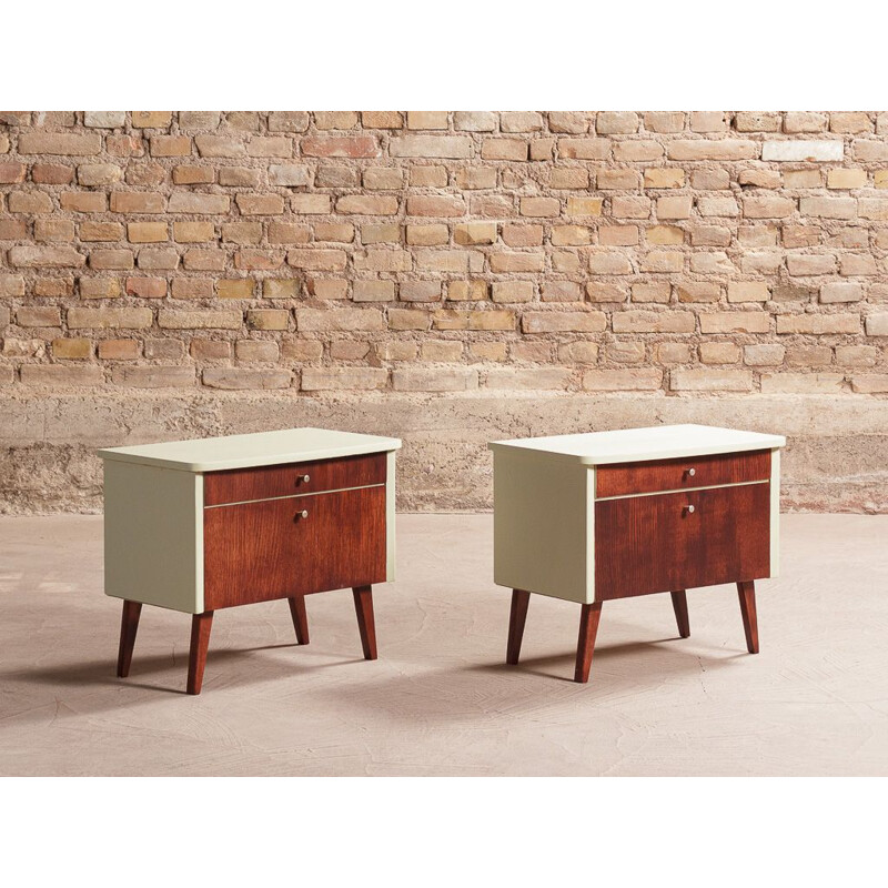 Pair of vintage bedside tables in pale green on solid beech compass legs