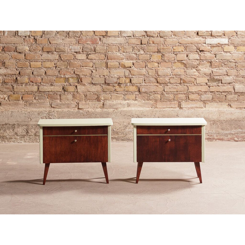 Pair of vintage bedside tables in pale green on solid beech compass legs