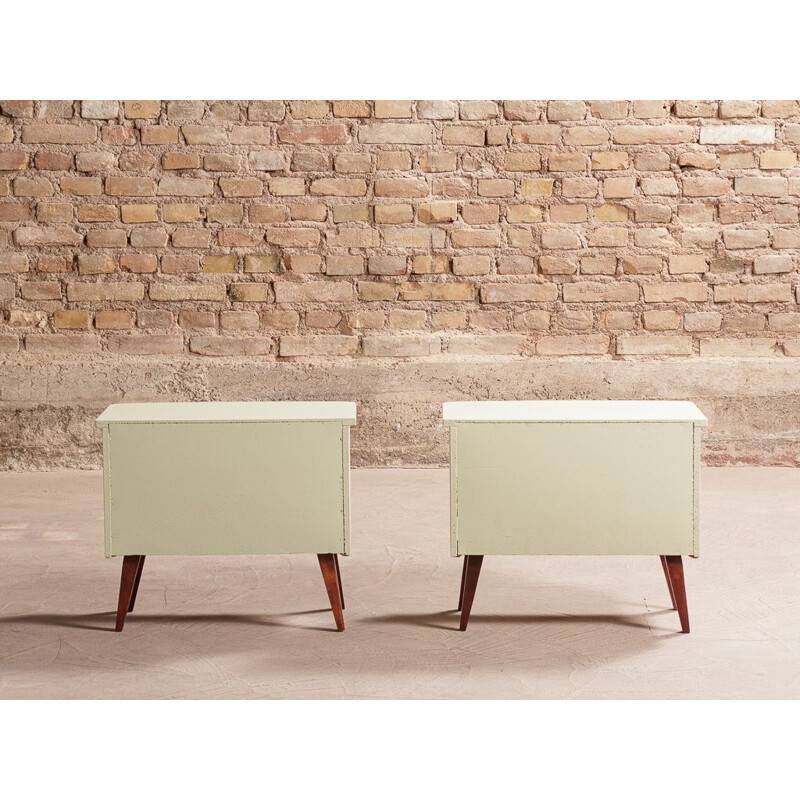Pair of vintage bedside tables in pale green on solid beech compass legs
