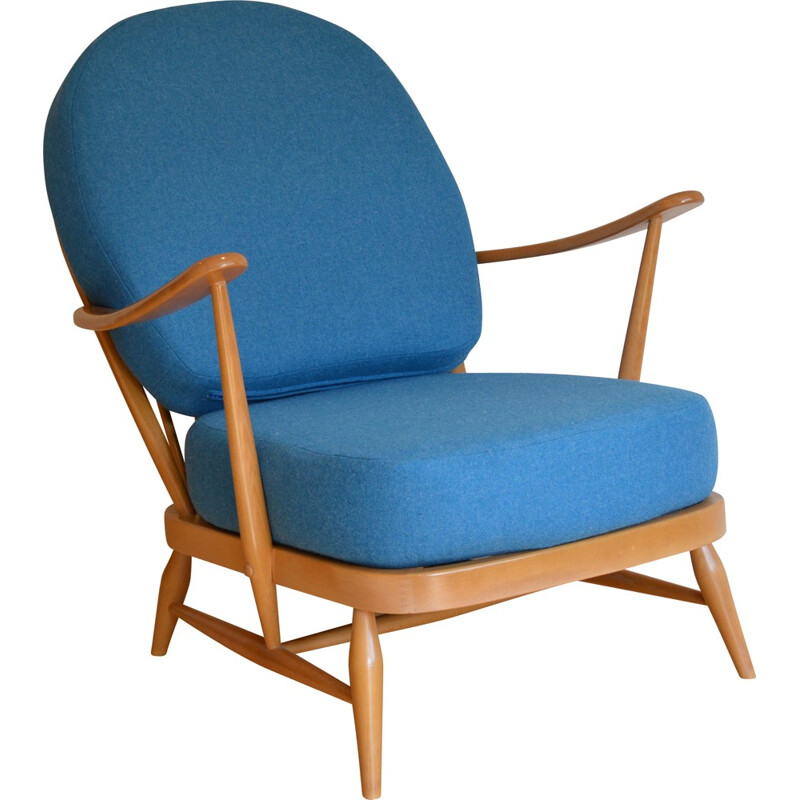 Ercol blond 203 armchair with blue wool cushions, Lucian ERCOLANI - 1960s