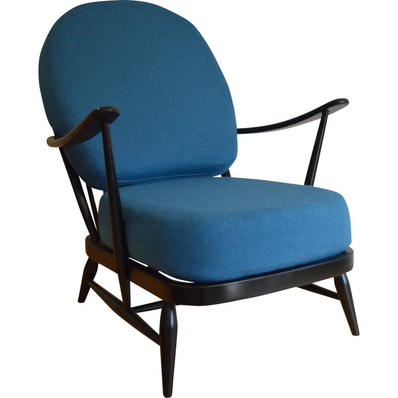 Ercol black 203 armchair with blue wool cushions, Lucian ERCOLANI - 1960s