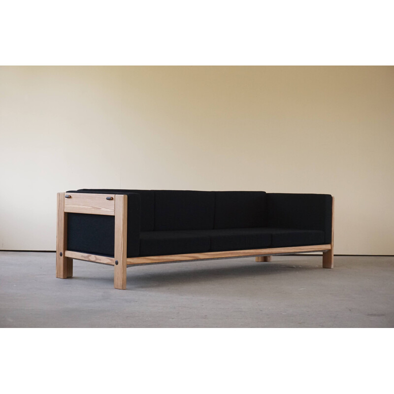 Vintage modern three seater sofa in oregon pine and reupholstered in wool, Denmark 1970s