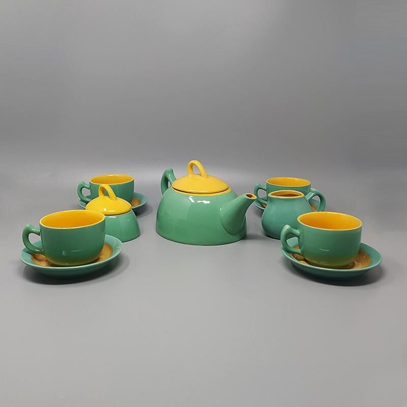 Servizio da tè e caffè in ceramica verde e gialla vintage di Naj Oleari, Italia 1980