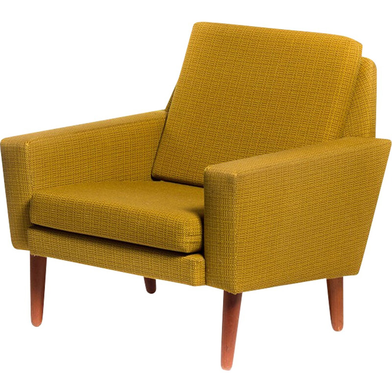 Fauteuil scandinave en tissu jaune et teck - 1950