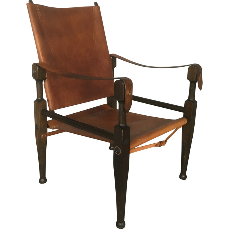 Fauteuil "Safari" Wonhbedarf en cuir brun et hêtre, Wilhelm KIENZLE - 1950