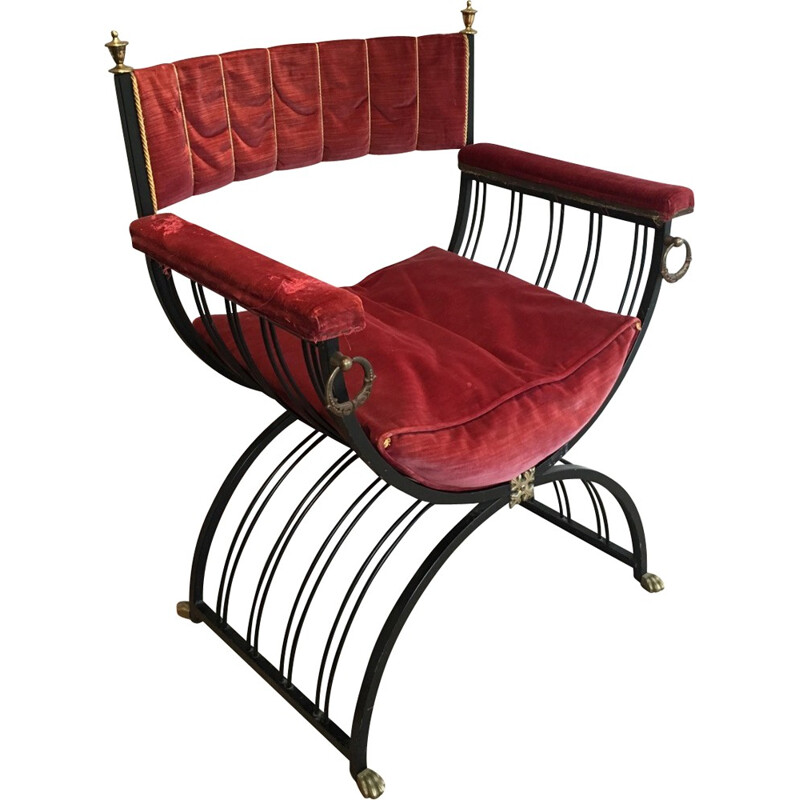 Red curule armchair in black iron and brass - 1970s