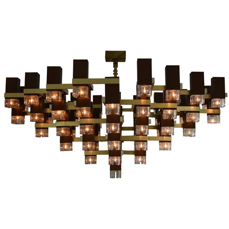 Large chandelier in aluminum and brass, Gaetano SCIOLARI - 1970s