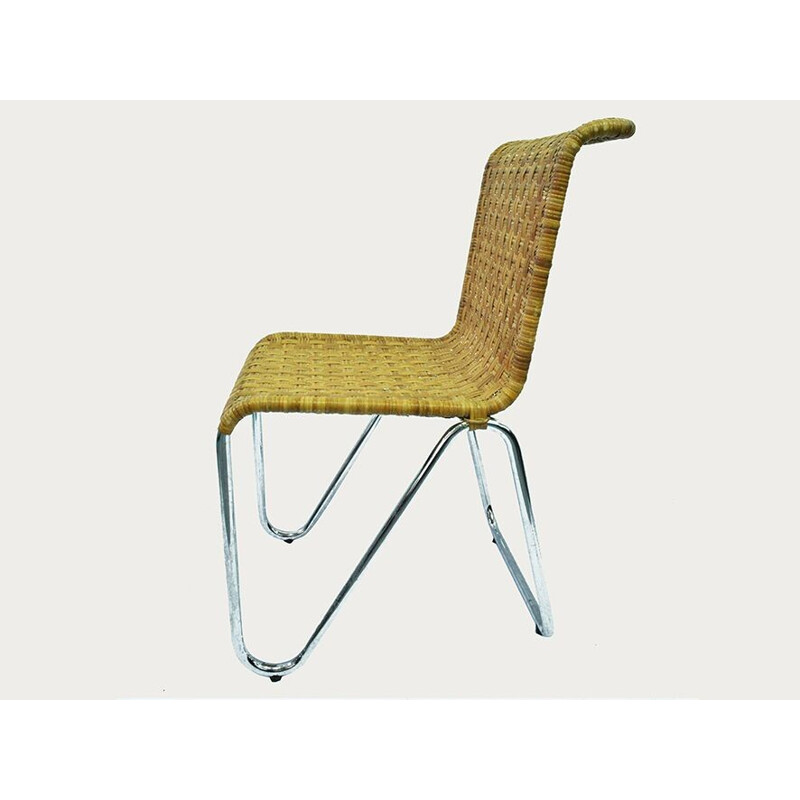 Pair of Dutch Gispen "Diagonal Chair" in rattan and metal - 1930s