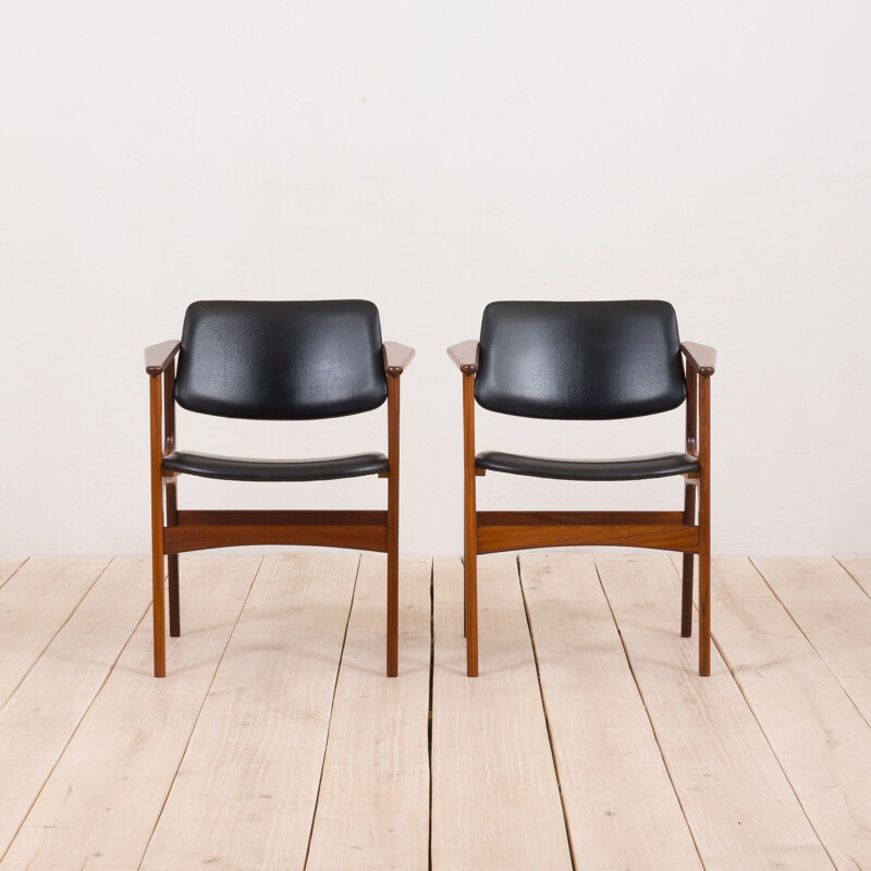 Pair of vintage teak armchairs with black aniline leather by Arne Vodder, Denmark 1960s