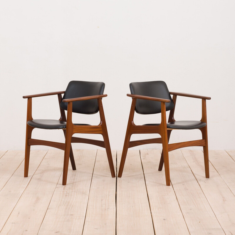 Pair of vintage teak armchairs with black aniline leather by Arne Vodder, Denmark 1960s