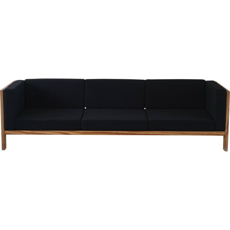 Vintage modern three seater sofa in oregon pine and reupholstered in wool, Denmark 1970s