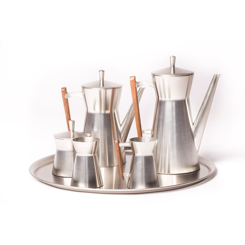 Dutch Metawa tea and coffee set in pewter and teak - 1960s