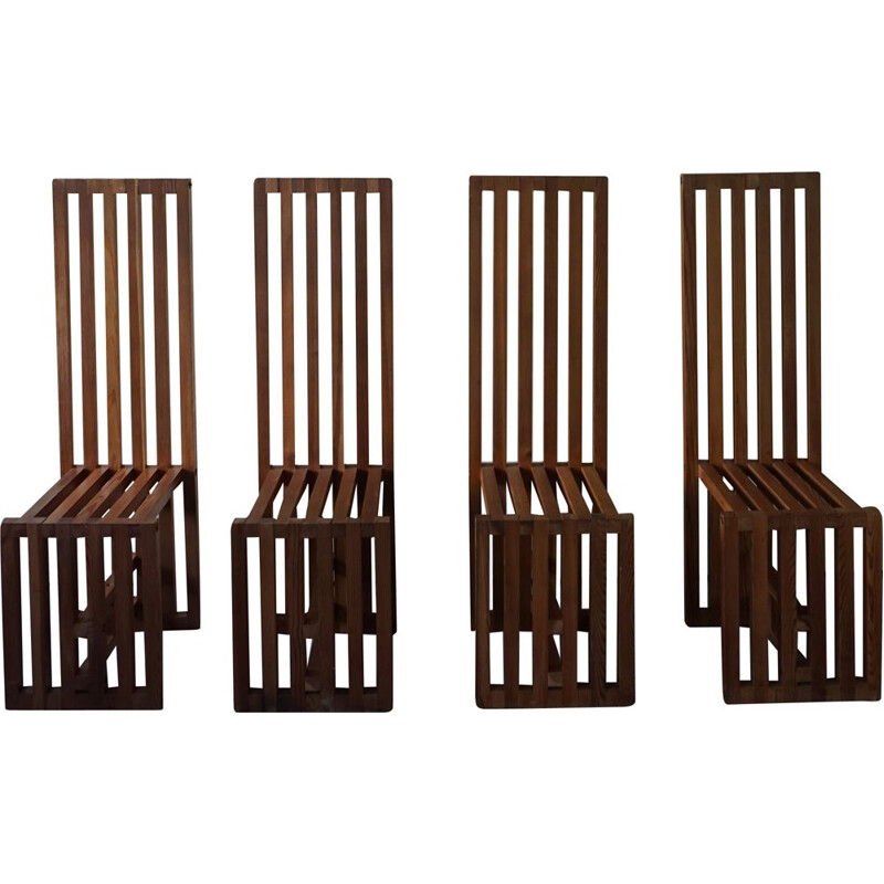 Satz von 4 Vintage-Stühlen mit hoher Rückenlehne aus Kiefernholz von Lella