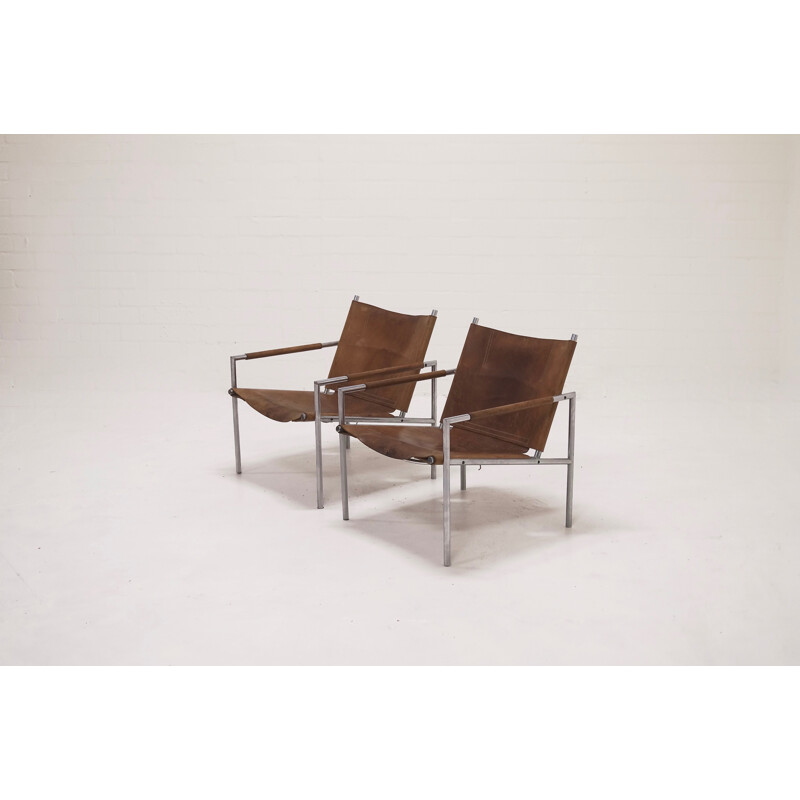 Set of 2 't Spectrum cognac leather lounge chairs, Martin VISSER - 1960s