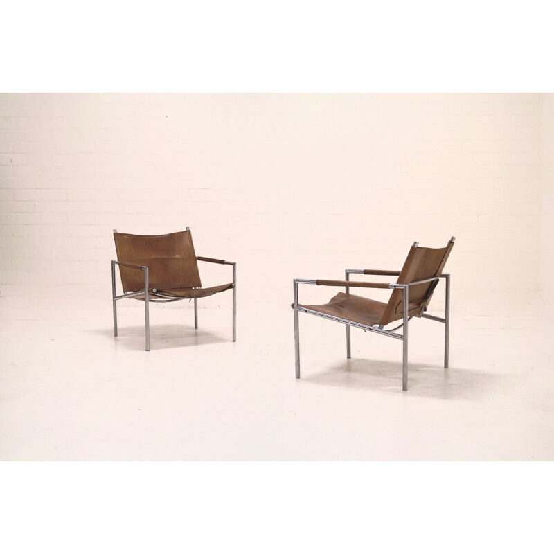 Set of 2 't Spectrum cognac leather lounge chairs, Martin VISSER - 1960s