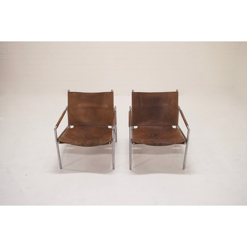 Set of 2 't Spectrum cognac leather lounge chairs, Martin VISSER - 1960s