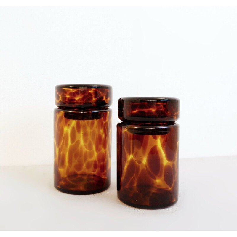 Pair of vintage glass turtle shell jars with stopper by Barovier & Toso