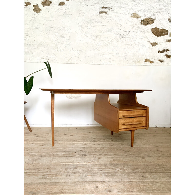 Vintage oak desk by Jacques Hauville for Bema, 1950s