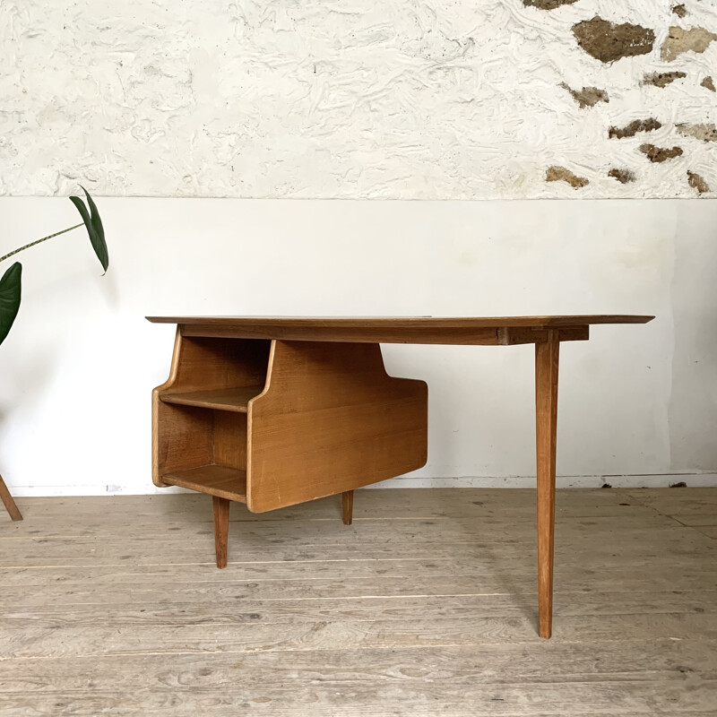 Vintage oak desk by Jacques Hauville for Bema, 1950s