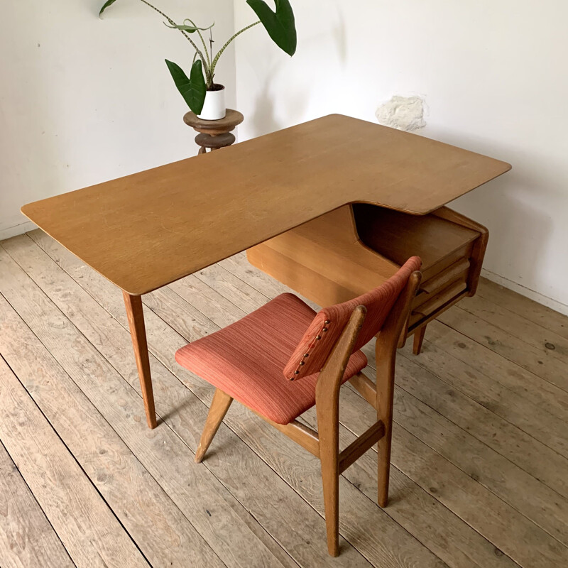 Vintage oak desk by Jacques Hauville for Bema, 1950s