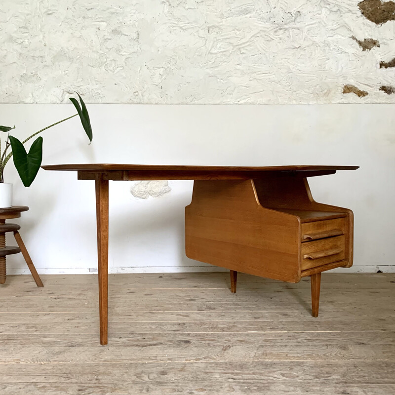 Vintage oak desk by Jacques Hauville for Bema, 1950s