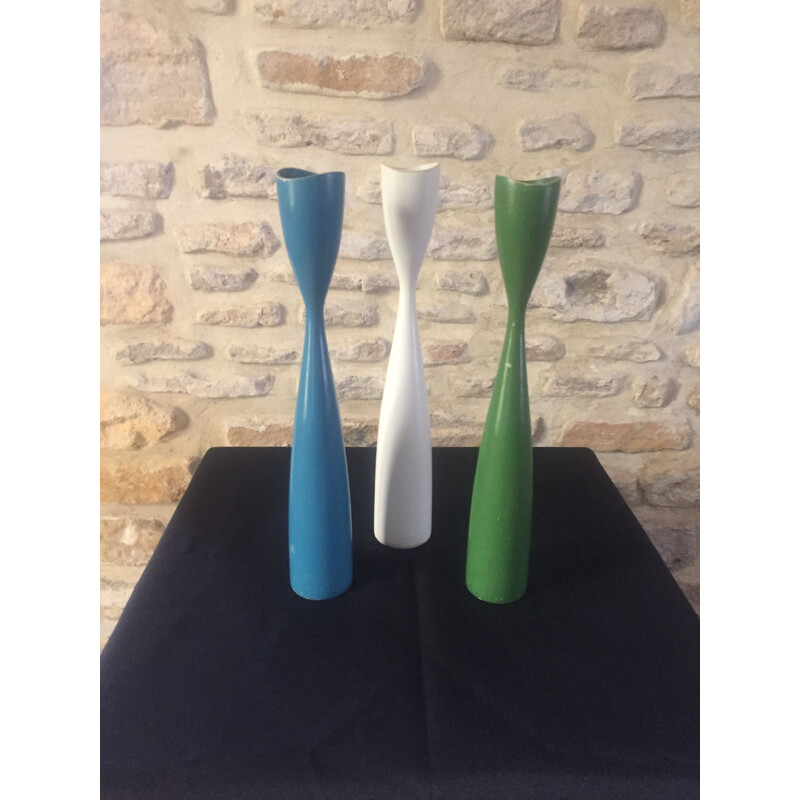 Juego de 3 candelabros vintage escandinavos de madera lacada, Dinamarca 1960