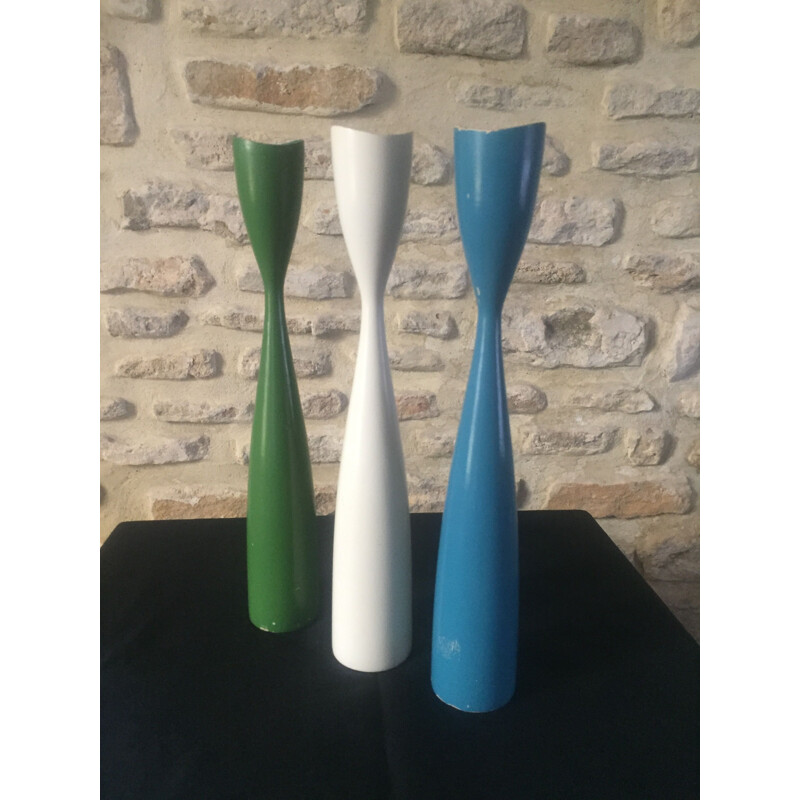 Juego de 3 candelabros vintage escandinavos de madera lacada, Dinamarca 1960