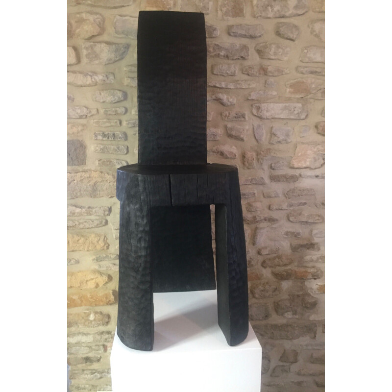 Prototype vintage sculpture in burnt and blackened oak by Bertrand Lacourt