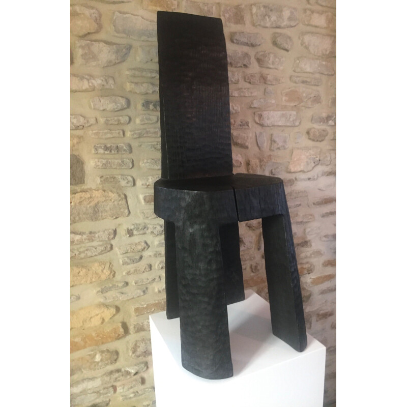 Prototipo di scultura monossile vintage in rovere bruciato e annerito di Bertrand Lacourt