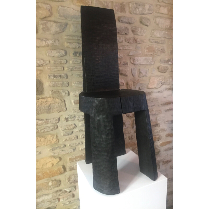 Prototype vintage sculpture in burnt and blackened oak by Bertrand Lacourt