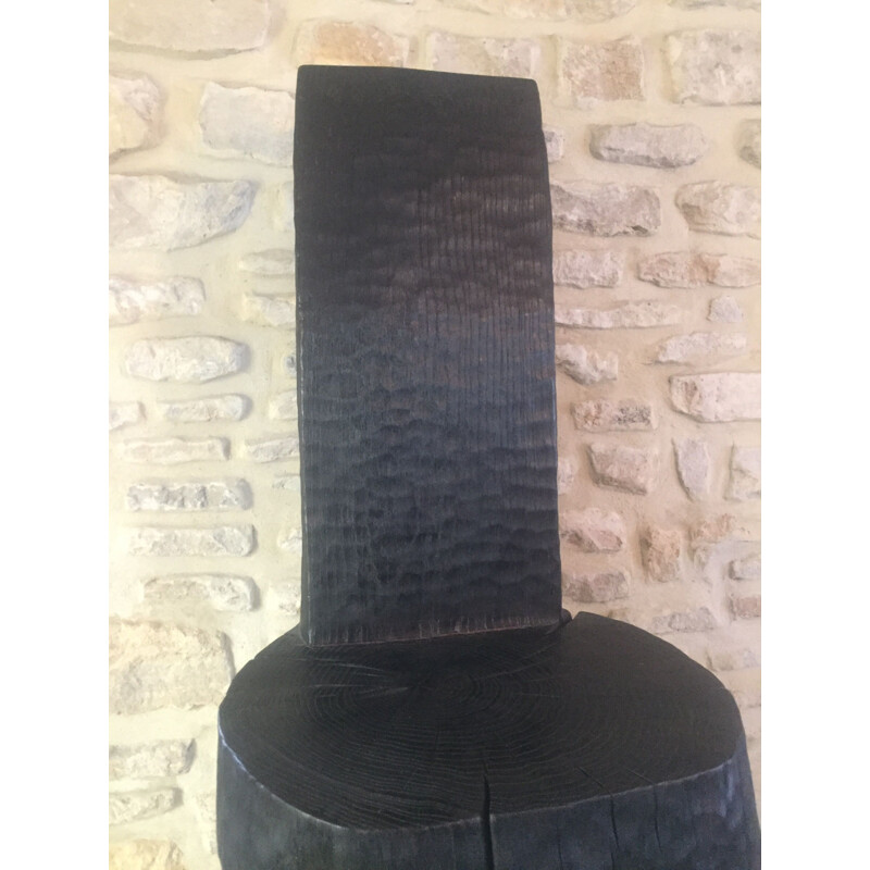 Prototype vintage sculpture in burnt and blackened oak by Bertrand Lacourt