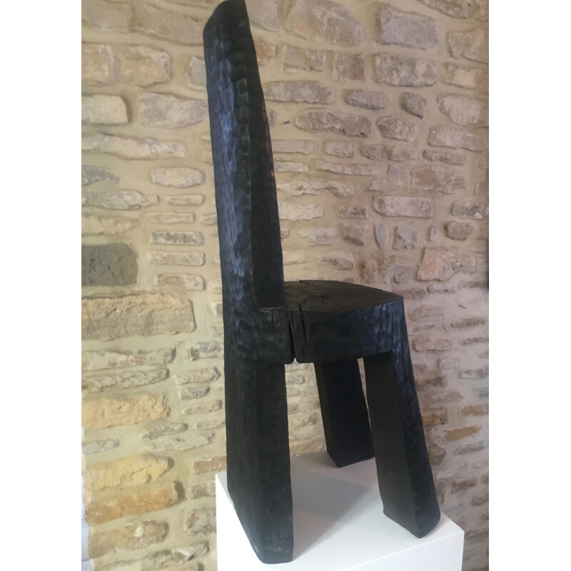 Sculpture vintage monoxyle prototype en chêne brulé et noirci de Bertrand Lacourt