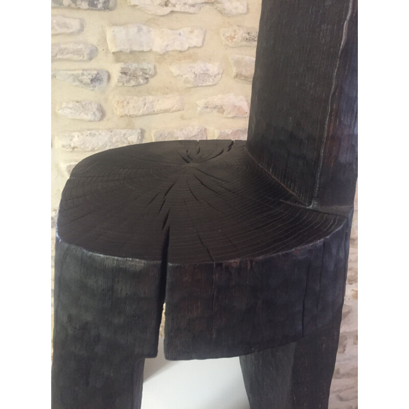 Prototype vintage sculpture in burnt and blackened oak by Bertrand Lacourt