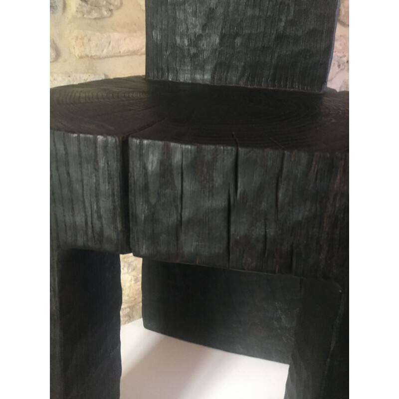 Prototype vintage sculpture in burnt and blackened oak by Bertrand Lacourt