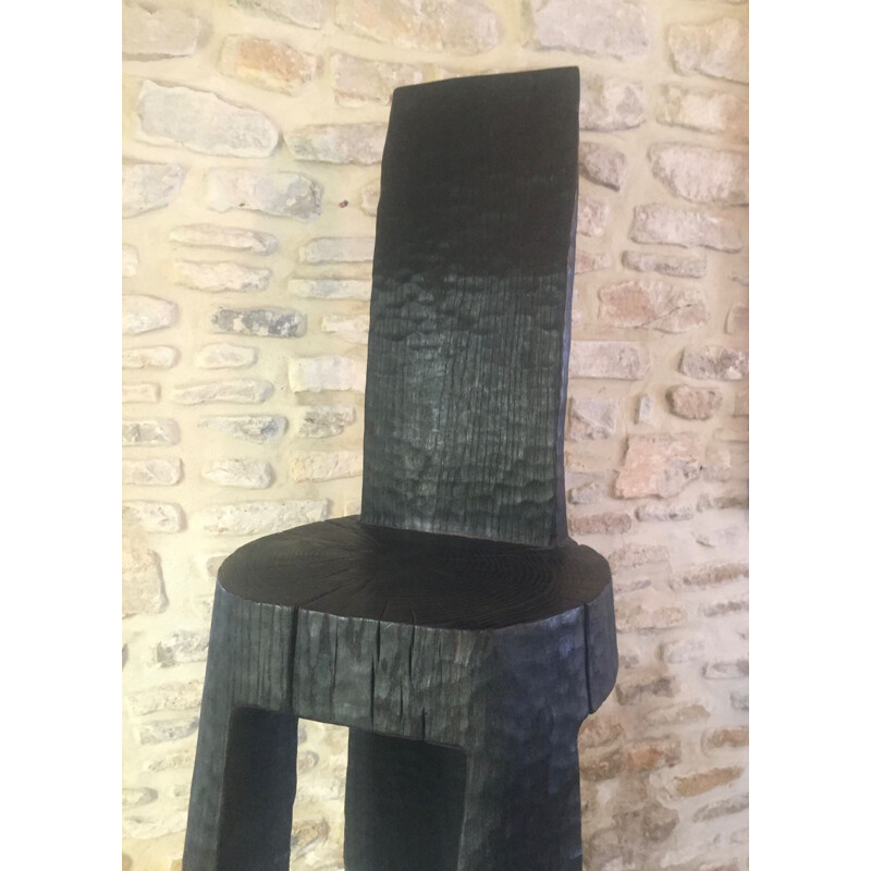 Prototipo di scultura monossile vintage in rovere bruciato e annerito di Bertrand Lacourt