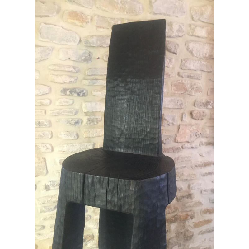 Prototype vintage sculpture in burnt and blackened oak by Bertrand Lacourt