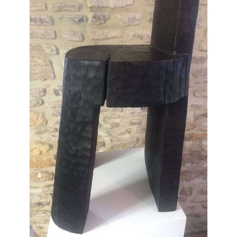 Prototype vintage sculpture in burnt and blackened oak by Bertrand Lacourt