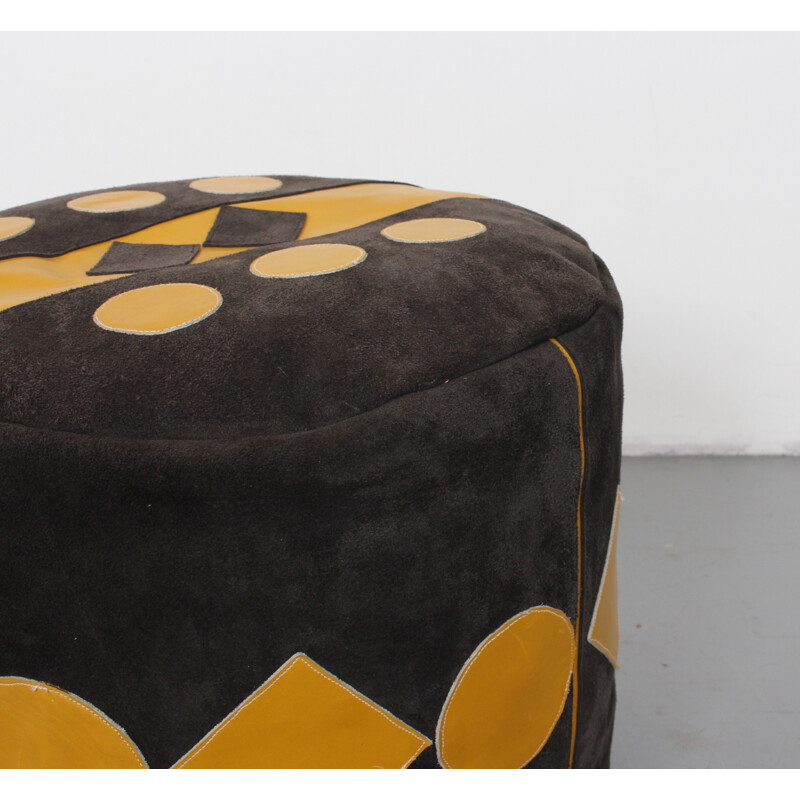 Mid-century foot rest in grey suede with yellow patterns - 1960s