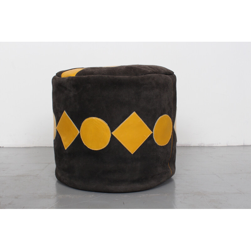 Mid-century foot rest in grey suede with yellow patterns - 1960s