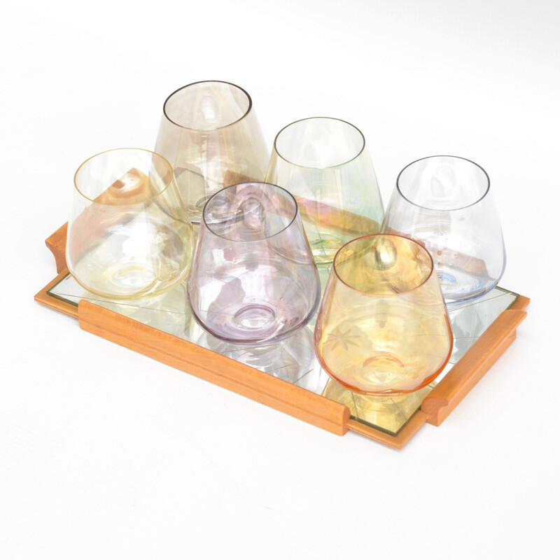 Set aus 6 Vintage-Gläsern mit verspiegeltem Tablett, Deutschland 1960