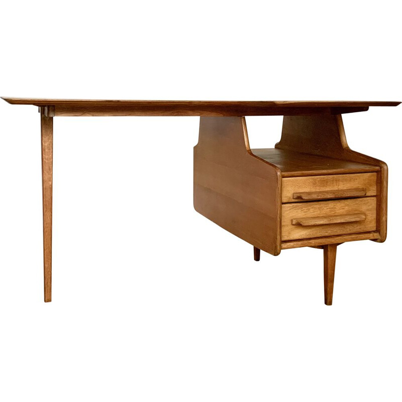 Vintage oak desk by Jacques Hauville for Bema, 1950s